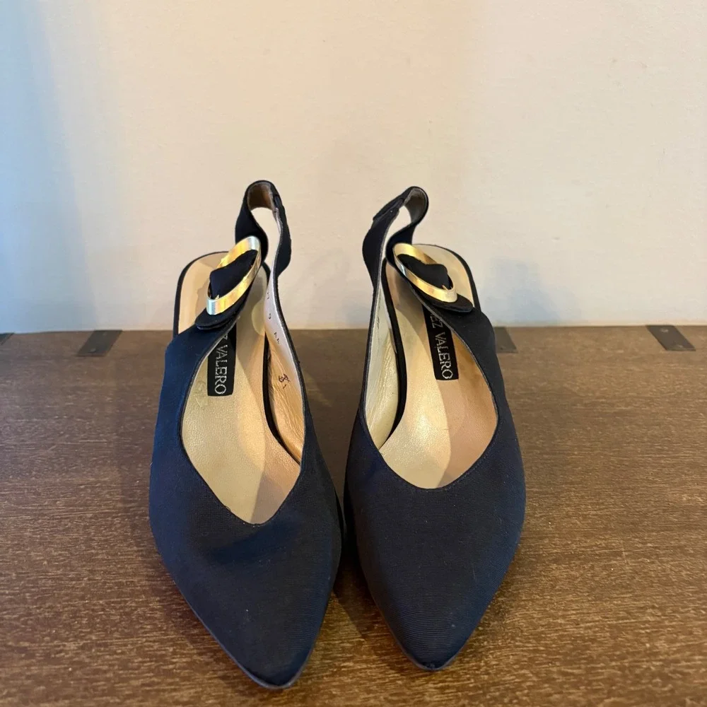 Martinez Valero Black‎ Ribbed Fabric Wedge Slingback Pumps Gold Buckle 9 AA